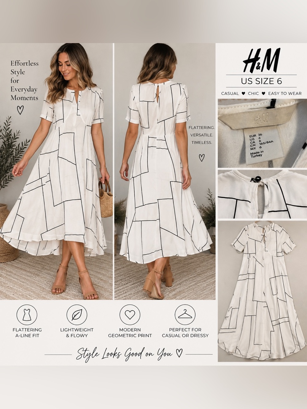 H&M White High-Low Geometric Midi Dress